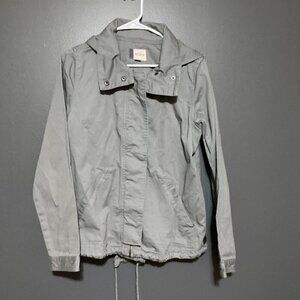 Roxy Hooded Utility Jacket Women M Gray Windbreaker Embrodered Fall Coastal Core